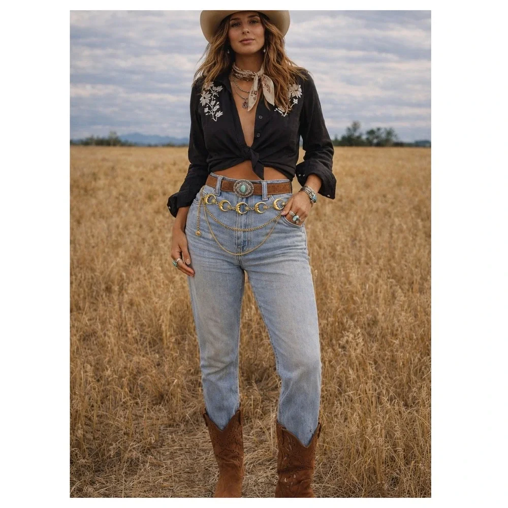 Celestial Crescent Moon & Star layered multi cascade‎ Chain Belt Boho western